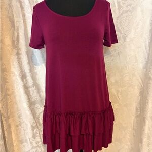 Zenana Outfitters Short-Sleeve Ruffle-Hem Tunic in Berry Plum